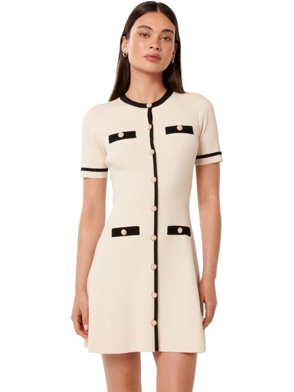 Ever New Cream Short-Sleeve Knit Dress with Black Trim and pearls
